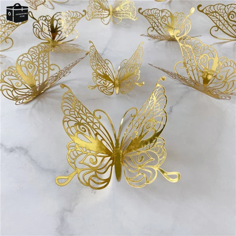 12Pcs/Set 3D Hollow Butterfly Wall Sticker Gold Silver Rose Butterflies Decal Sticker for Wedding Birthday Party Home Decoration