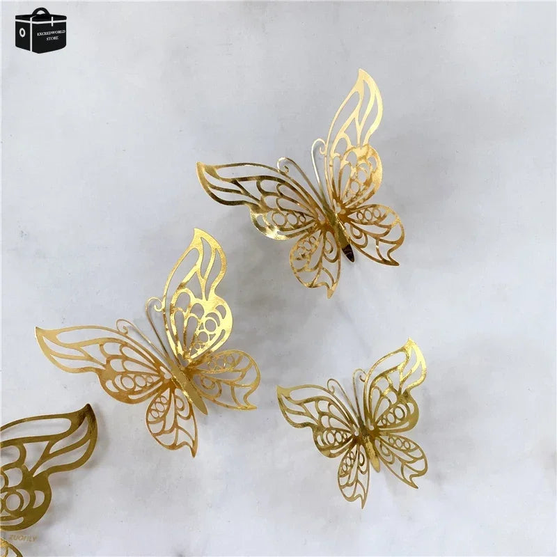 12Pcs/Set 3D Hollow Butterfly Wall Sticker Gold Silver Rose Butterflies Decal Sticker for Wedding Birthday Party Home Decoration